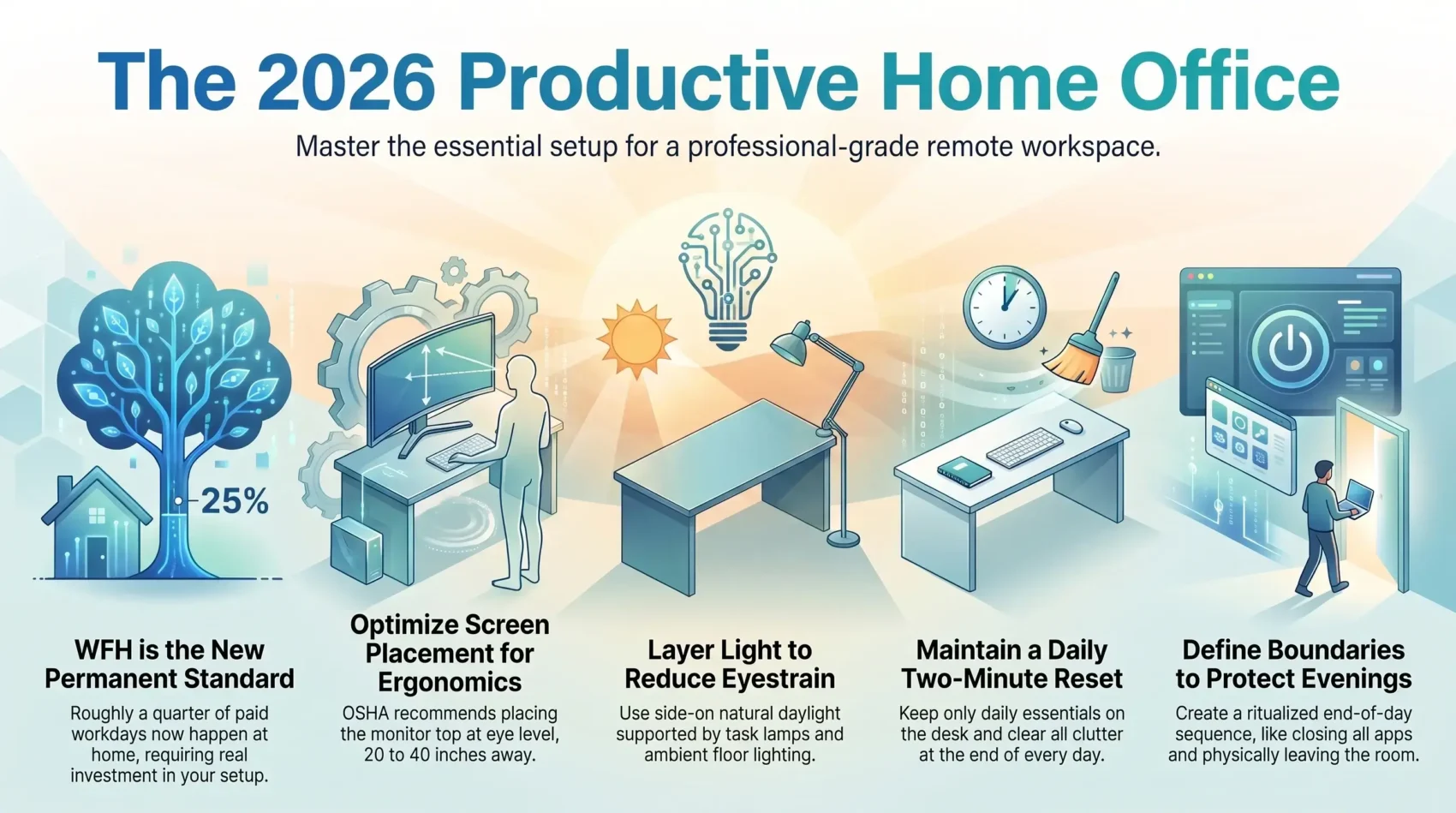 SmartKeys infographic outlining key steps for a productive home office setup, covering ergonomic screen placement, layered lighting, desk decluttering, and work-life boundaries.