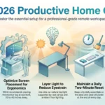 SmartKeys infographic outlining key steps for a productive home office setup, covering ergonomic screen placement, layered lighting, desk decluttering, and work-life boundaries.