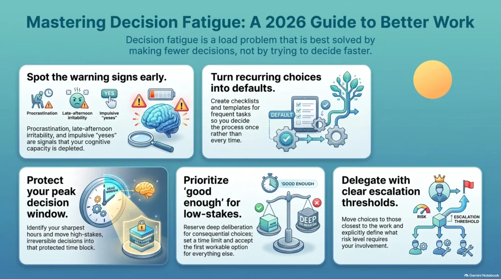 Infographic on mastering decision fatigue at work, illustrating five core strategies: spotting warning signs early, turning recurring choices into defaults, protecting peak decision windows, prioritizing good-enough outcomes, and delegating with clear escalation thresholds.
