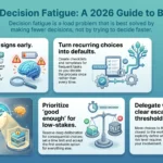 Infographic on mastering decision fatigue at work, illustrating five core strategies: spotting warning signs early, turning recurring choices into defaults, protecting peak decision windows, prioritizing good-enough outcomes, and delegating with clear escalation thresholds.