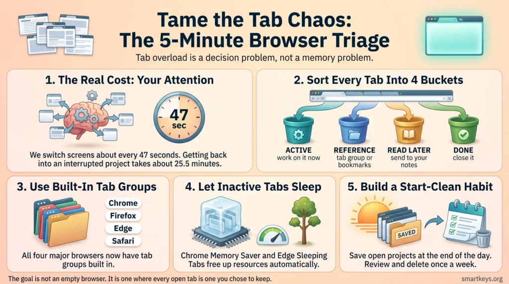 Infographic titled "Tame the Tab Chaos: The 5-Minute Browser Triage" showing five steps to manage browser tab overload: the attention cost of switching screens every 47 seconds, sorting tabs into four buckets (active, reference, read later, done), using built-in tab groups in Chrome, Firefox, Edge and Safari, letting inactive tabs sleep, and building a start-clean habit.