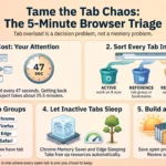Tab Overload: How to Tame Your Browser and Regain Focus Infographic titled "Tame the Tab Chaos: The 5-Minute Browser Triage" showing five steps to manage browser tab overload: the attention cost of switching screens every 47 seconds, sorting tabs into four buckets (active, reference, read later, done), using built-in tab groups in Chrome, Firefox, Edge and Safari, letting inactive tabs sleep, and building a start-clean habit.