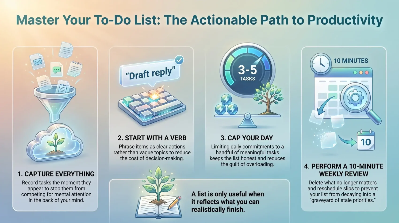 SmartKeys infographic with four to-do list steps: capture tasks, start with verbs, cap the day at 3-5 items, review weekly