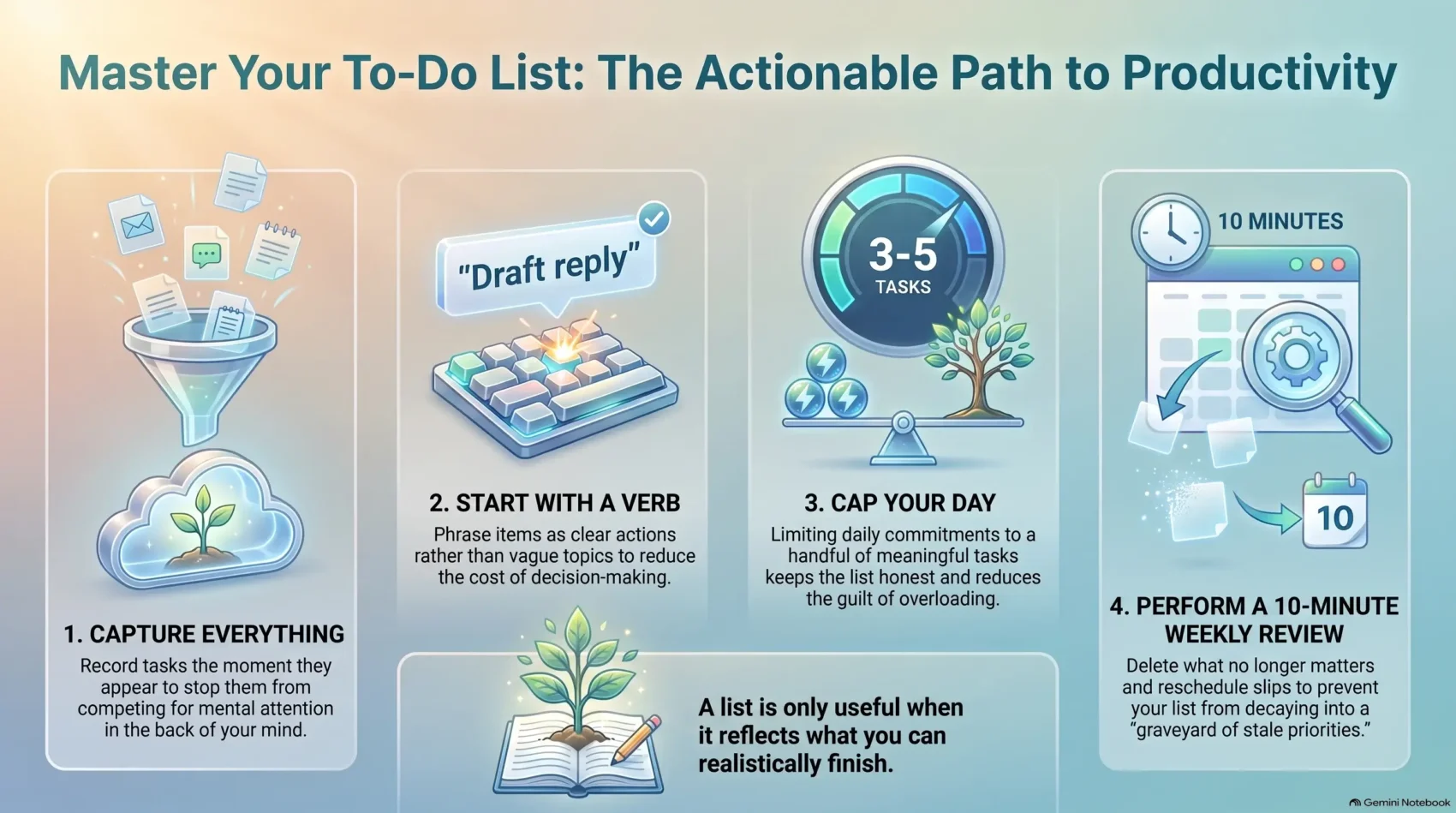 Infographic by SmartKeys on how to use to-do lists effectively, illustrating four actionable productivity steps: capturing tasks, starting with action verbs, capping daily items to 3-5, and performing a weekly review.