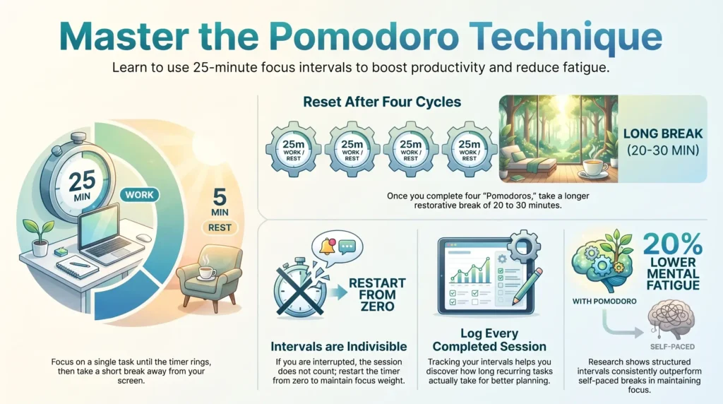 SmartKeys infographic explaining the Pomodoro Technique: using 25-minute focus intervals and 5-minute breaks to boost productivity, reset after four cycles, and reduce mental fatigue.