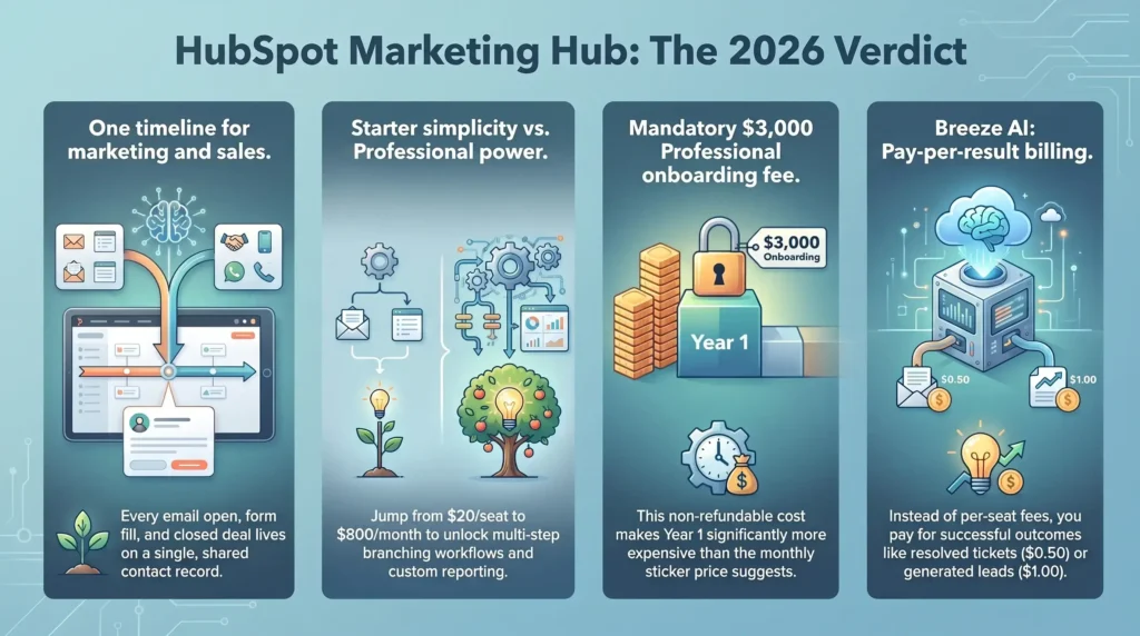 Infographic breakdown of HubSpot Marketing Hub in 2026 showing unified CRM timelines, Starter versus Professional tiers, mandatory onboarding fees, and Breeze AI pay-per-result pricing.