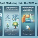Infographic breakdown of HubSpot Marketing Hub in 2026 showing unified CRM timelines, Starter versus Professional tiers, mandatory onboarding fees, and Breeze AI pay-per-result pricing.