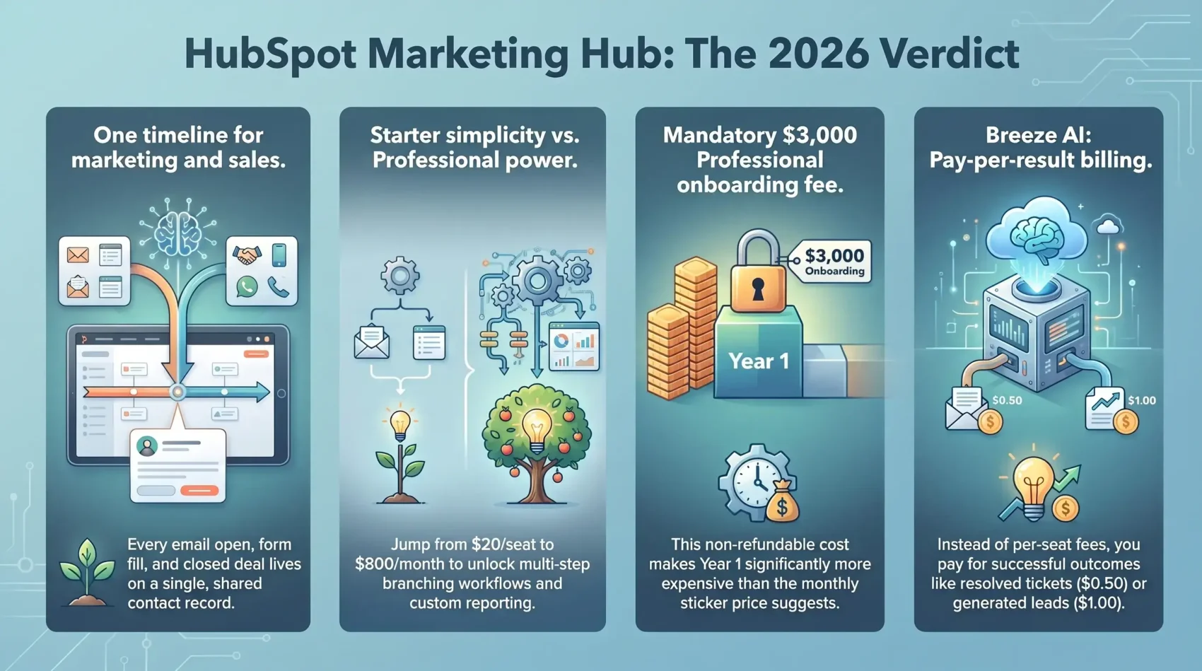 Infographic breakdown of HubSpot Marketing Hub in 2026 showing unified CRM timelines, Starter versus Professional tiers, mandatory onboarding fees, and Breeze AI pay-per-result pricing.