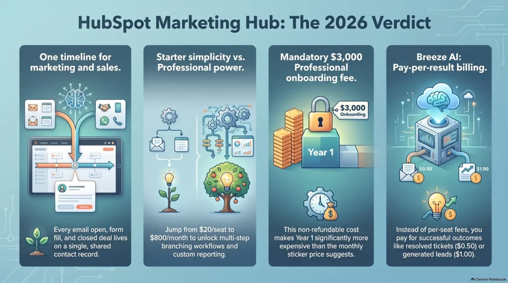Infographic breakdown of HubSpot Marketing Hub in 2026 showing unified CRM timelines, Starter versus Professional tiers, mandatory onboarding fees, and Breeze AI pay-per-result pricing.