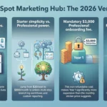 HubSpot Marketing Hub Review 2026: Pricing, Features, Verdict Infographic breakdown of HubSpot Marketing Hub in 2026 showing unified CRM timelines, Starter versus Professional tiers, mandatory onboarding fees, and Breeze AI pay-per-result pricing.