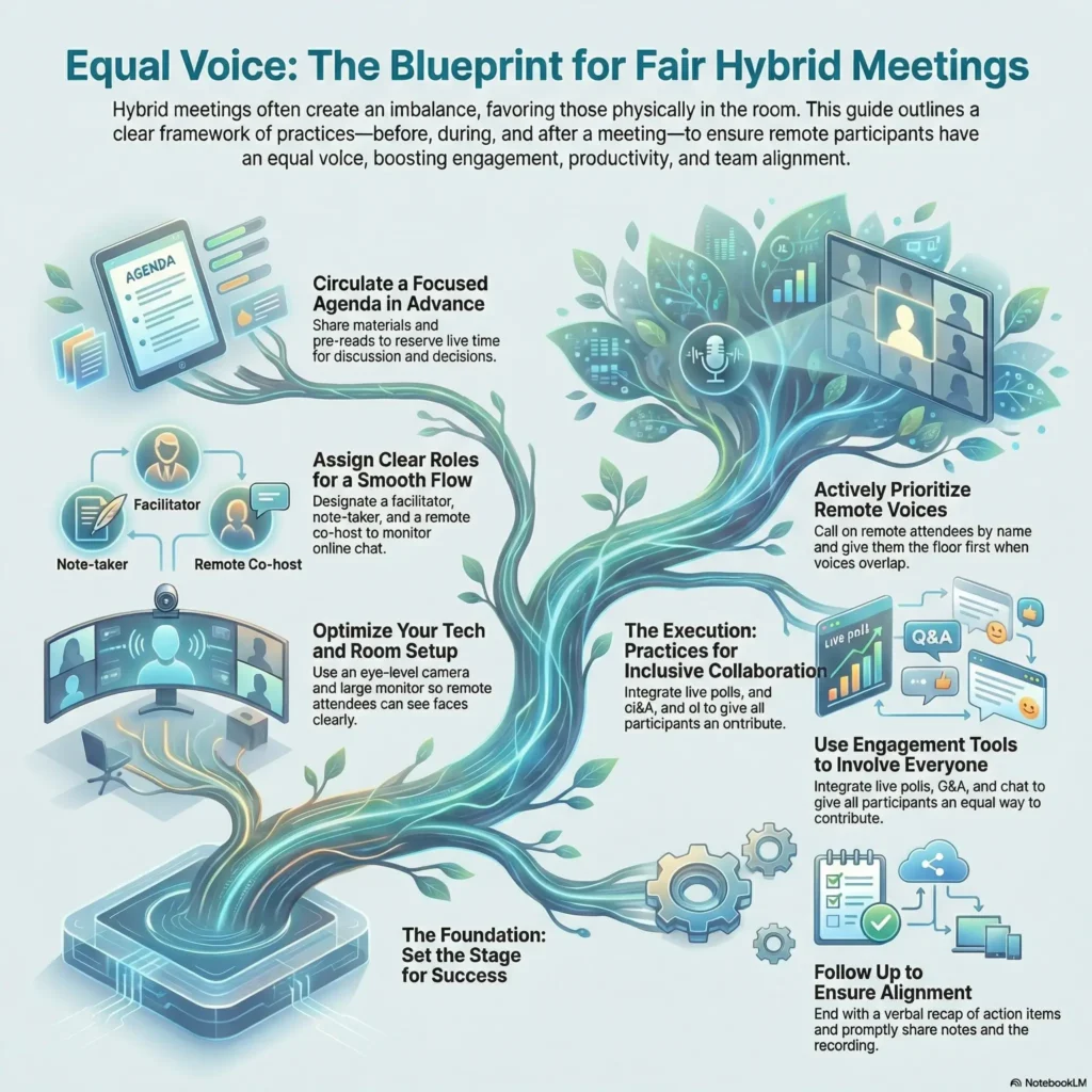 SmartKeys infographic: Hybrid Meeting Etiquette Guide. A blueprint for ensuring equal voice in remote and onsite teams. Visualizes best practices including circulating focused agendas, assigning roles like facilitators, optimizing room tech, prioritizing remote voices, and using engagement tools like live polls.