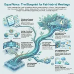 SmartKeys infographic: Hybrid Meeting Etiquette Guide. A blueprint for ensuring equal voice in remote and onsite teams. Visualizes best practices including circulating focused agendas, assigning roles like facilitators, optimizing room tech, prioritizing remote voices, and using engagement tools like live polls.