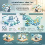 SmartKeys infographic comparing Inbox Infinity versus Inbox Zero productivity philosophies, highlighting strategic email habits for leaders to reclaim focus and manage digital communication flows.