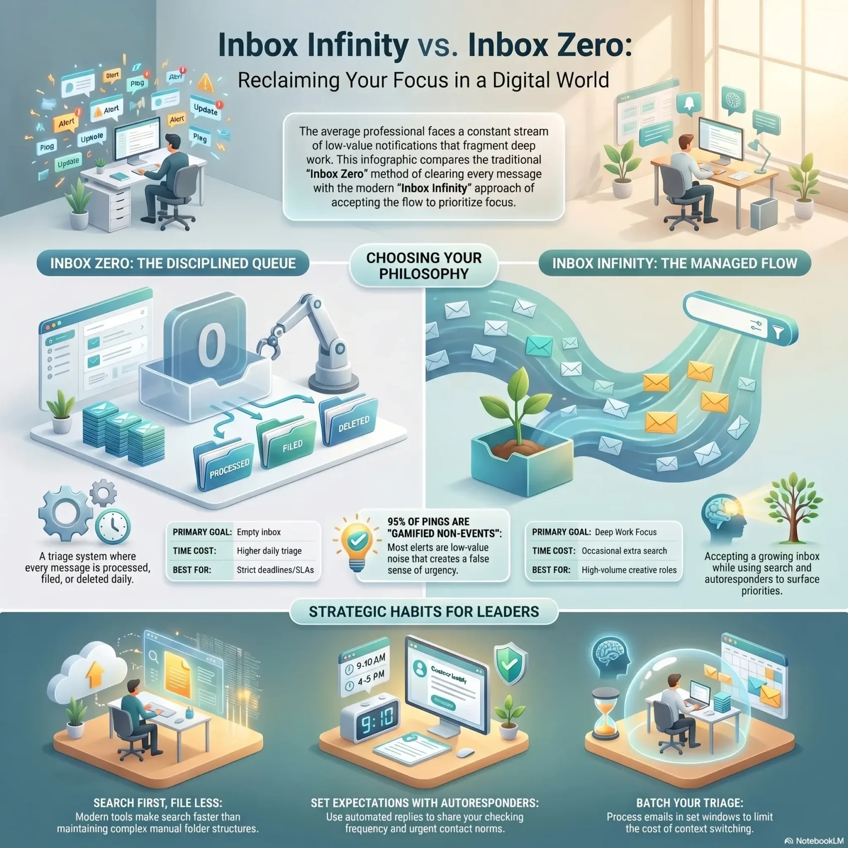 SmartKeys infographic comparing Inbox Infinity versus Inbox Zero productivity philosophies, highlighting strategic email habits for leaders to reclaim focus and manage digital communication flows.