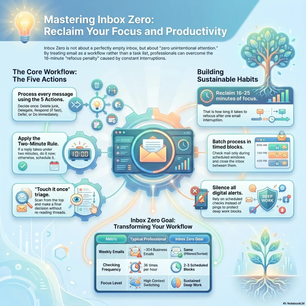 SmartKeys infographic explaining the Inbox Zero method to regain control of your email, featuring the 5-step core workflow and focus strategies.