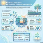 SmartKeys infographic explaining the Inbox Zero method to regain control of your email, featuring the 5-step core workflow and focus strategies.