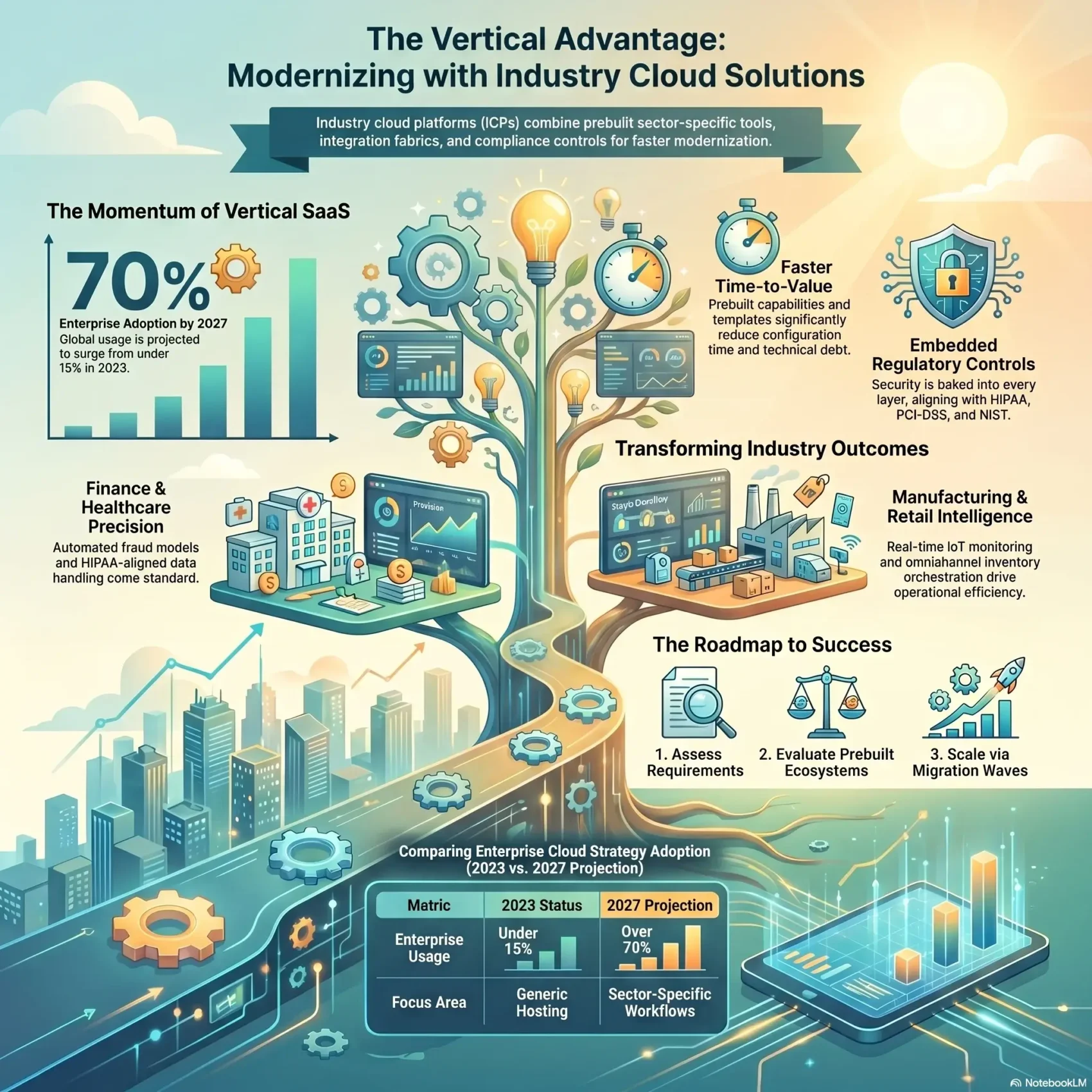 SmartKeys infographic on Industry Cloud Solutions, showing vertical SaaS momentum, embedded regulatory controls, and sector-specific customization.