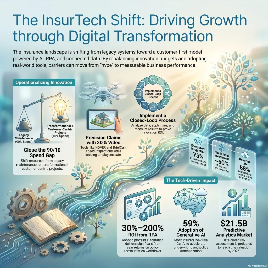 SmartKeys infographic covering InsurTech trends and the digital transformation of insurance with AI, RPA, precision claims, and predictive analytics.