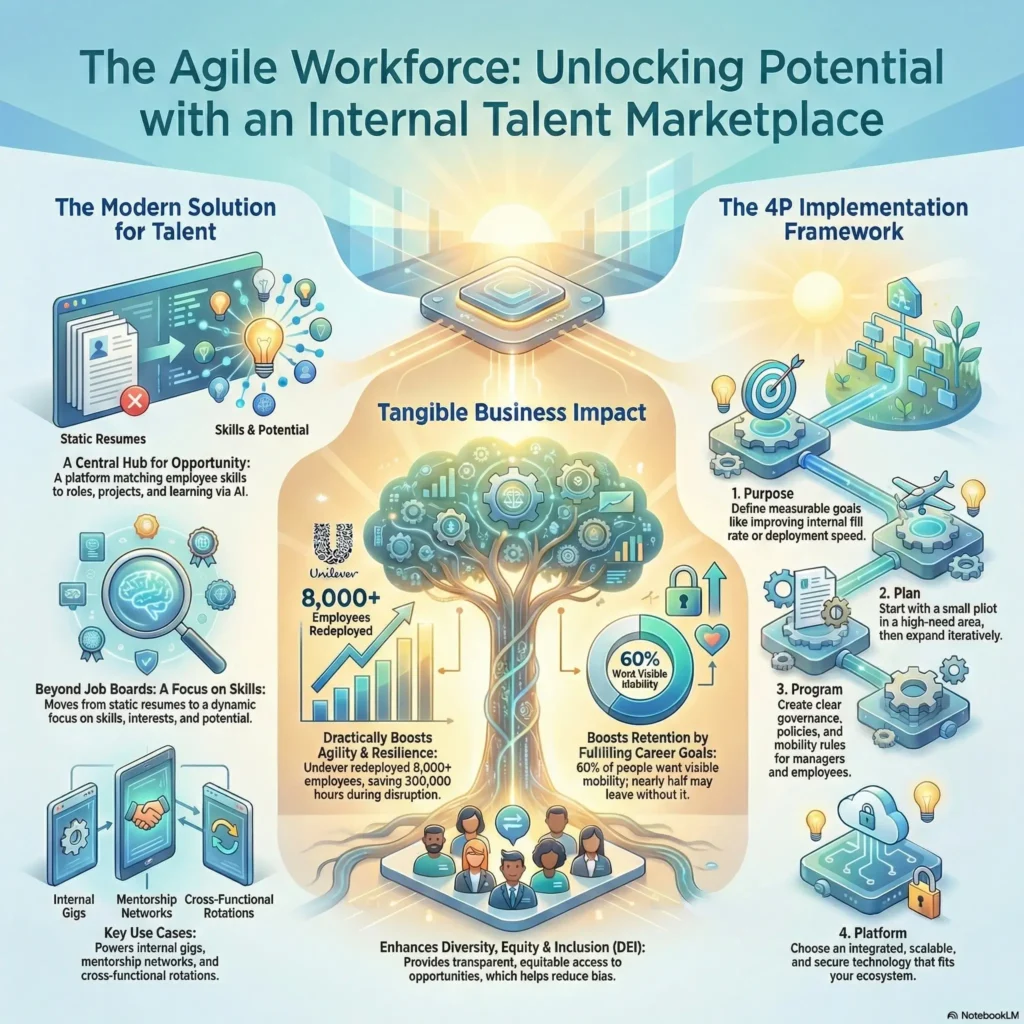 SmartKeys infographic: The Agile Workforce and Internal Talent Marketplaces. Explains how to unlock potential by moving from static resumes to AI-driven skill matching, featuring the 4P Implementation Framework (Purpose, Plan, Program, Platform).