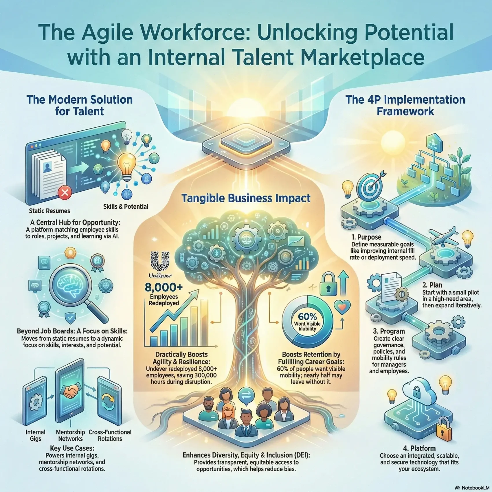 SmartKeys infographic: The Agile Workforce and Internal Talent Marketplaces. Explains how to unlock potential by moving from static resumes to AI-driven skill matching, featuring the 4P Implementation Framework (Purpose, Plan, Program, Platform).