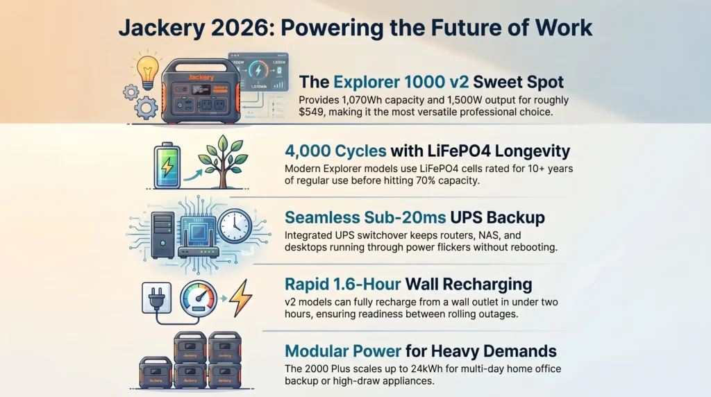 Infographic for Jackery Review 2026 comparing Explorer power station features, highlighting the 1000 v2 sweet spot, LiFePO4 battery longevity, and rapid UPS backup.
