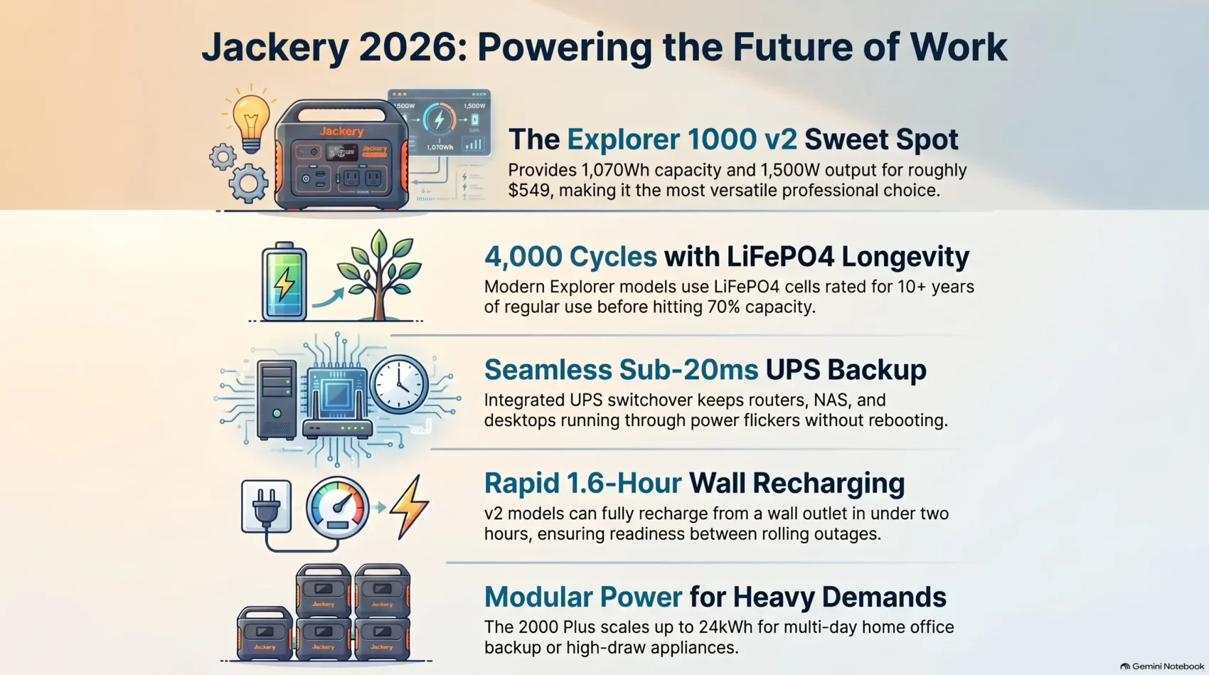 Infographic for Jackery Review 2026 comparing Explorer power station features, highlighting the 1000 v2 sweet spot, LiFePO4 battery longevity, and rapid UPS backup.