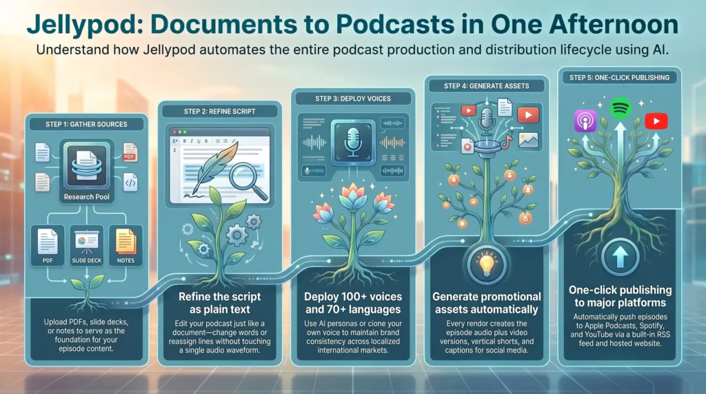 Infographic detailing the 5-step Jellypod workflow to convert documents and PDFs into AI podcasts with multilingual voices and one-click publishing.