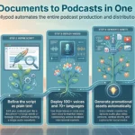 Jellypod Review 2026: AI Podcasts, Voices, and Distribution Workflow Infographic detailing the 5-step Jellypod workflow to convert documents and PDFs into AI podcasts with multilingual voices and one-click publishing.
