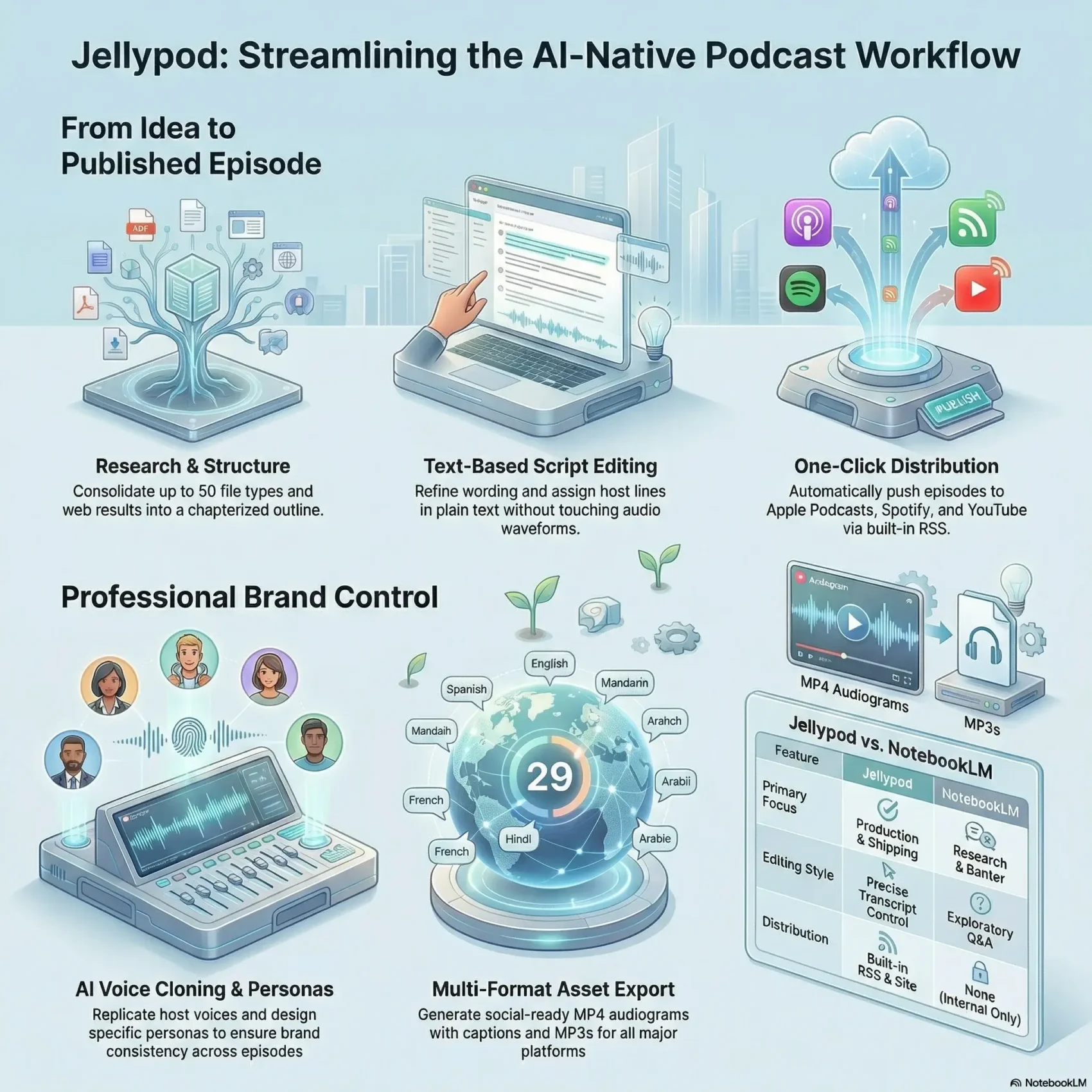 SmartKeys infographic illustrating the Jellypod AI podcast workflow, detailing steps from research consolidation and text-based script editing to AI voice cloning and one-click distribution to Spotify and Apple Podcasts. Includes a specific feature comparison table of Jellypod vs. NotebookLM capabilities.