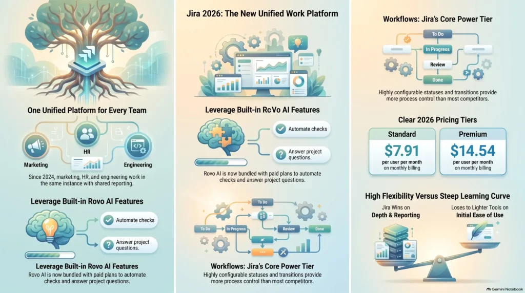 Jira software review 2026 infographic by SmartKeys showing the unified work platform, built-in Rovo AI features, configurable workflow tiers, monthly pricing plans, and flexibility comparison.