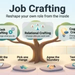 Job Crafting: Letting Employees Reshape Their Own Roles Infographic showing the three forms of job crafting, task, relational and cognitive, as branches of a tree with four steps to start a first experiment.