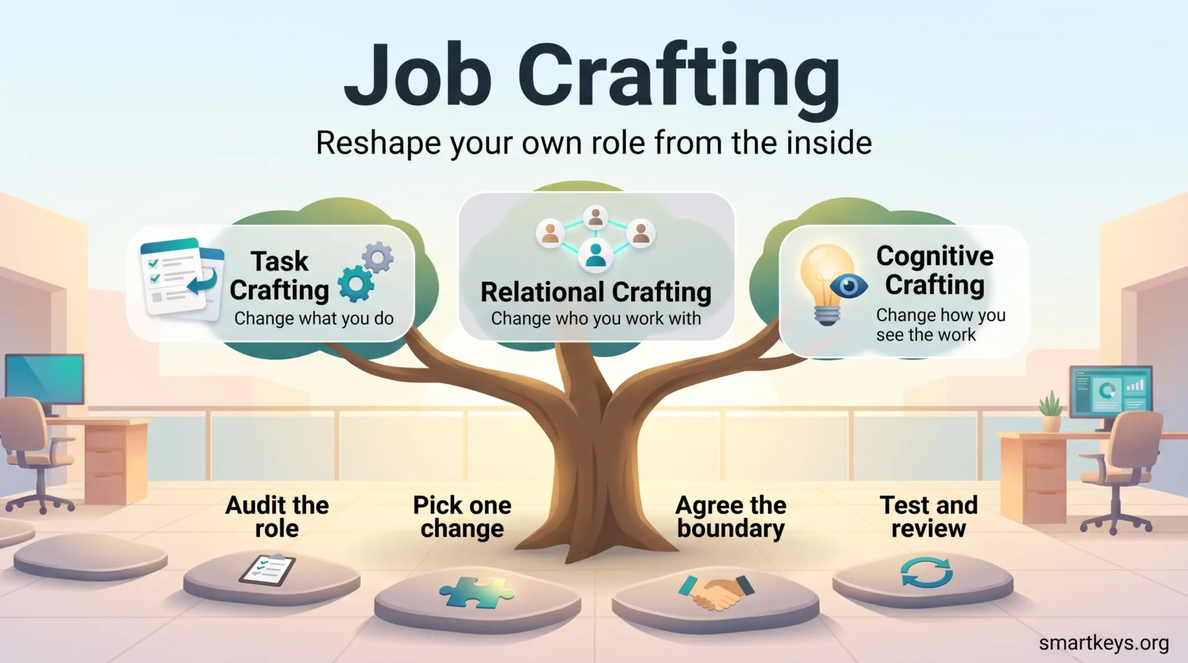 Infographic showing the three forms of job crafting, task, relational and cognitive, as branches of a tree with four steps to start a first experiment.