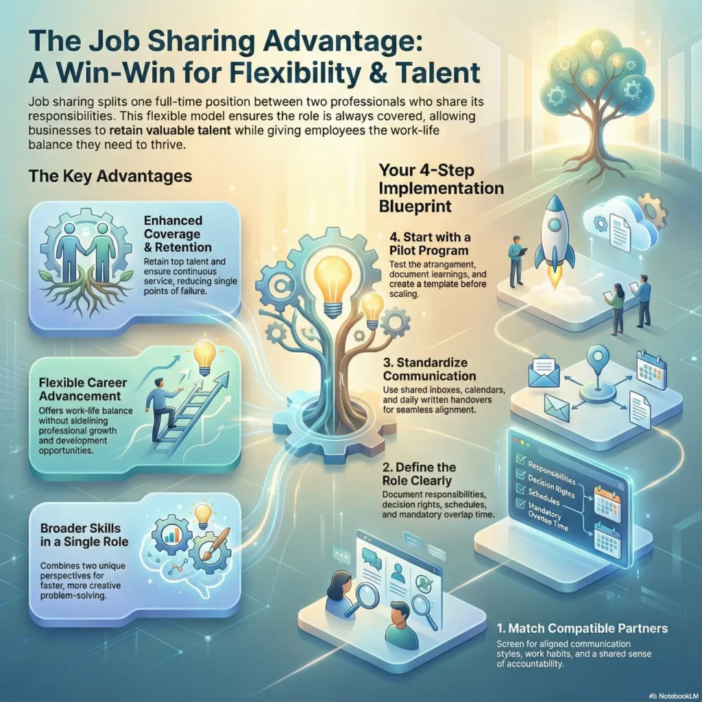 SmartKeys infographic illustrating the Job Sharing Model, detailing key advantages for talent retention and providing a 4-step implementation blueprint for workplace flexibility.