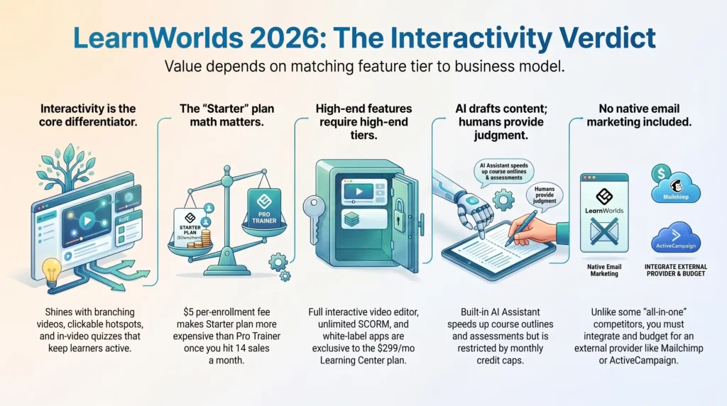 Infographic summarizing LearnWorlds interactive course features, plan pricing math, built-in AI course authoring, and external email integrations.