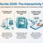 Infographic summarizing LearnWorlds interactive course features, plan pricing math, built-in AI course authoring, and external email integrations.