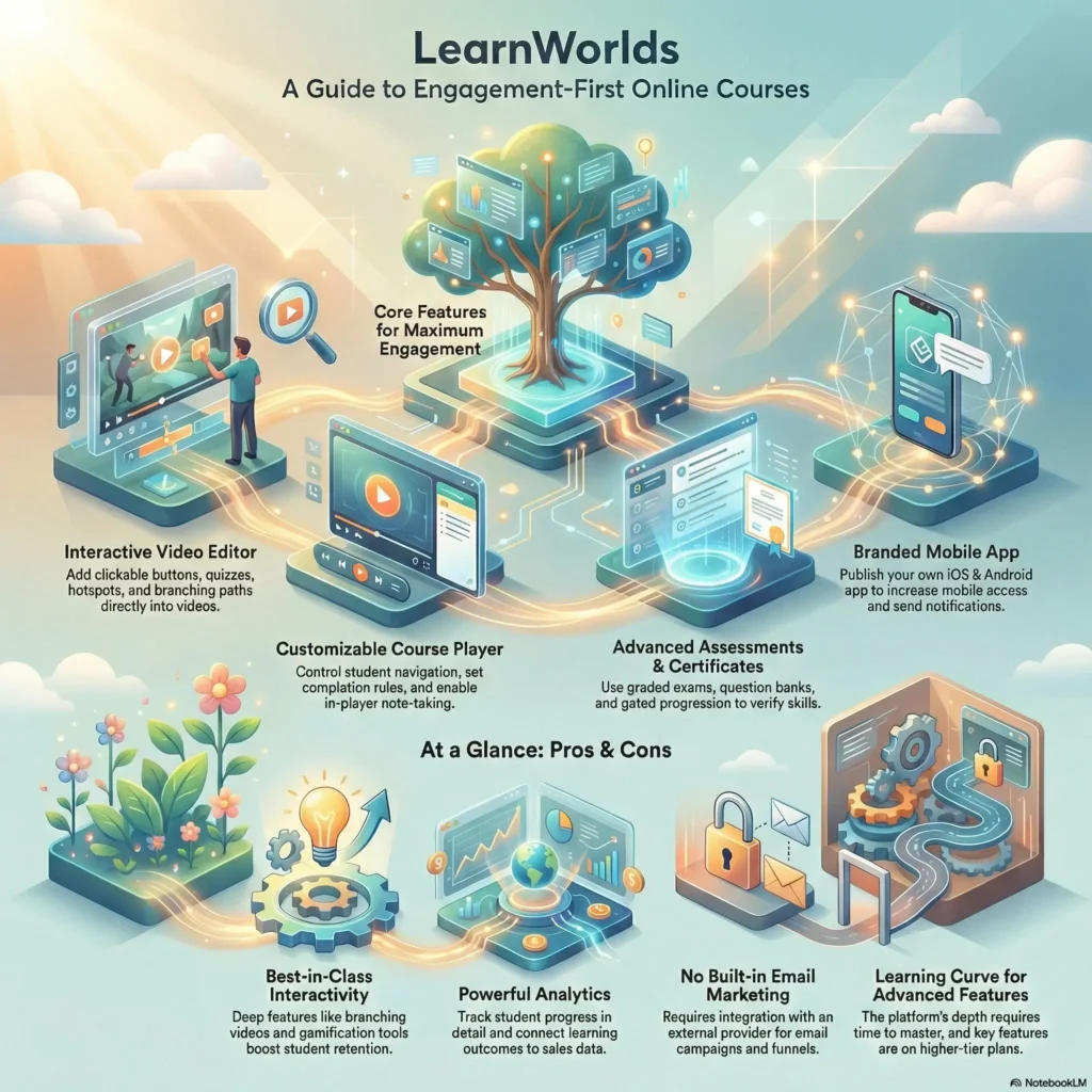 SmartKeys Infographic: LearnWorlds Review & Features. A visual guide titled 'A Guide to Engagement-First Online Courses' displaying core tools like the Interactive Video Editor, Branded Mobile App, and Customizable Course Player. The graphic connects these features to Pros and Cons, highlighting Best-in-Class Interactivity and Powerful Analytics versus limitations like No Built-in Email Marketing and the Learning Curve.