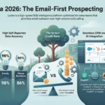 Lusha 2026 review infographic by SmartKeys covering B2B contact data coverage, email and phone accuracy rates, credit ratios, CRM and AI integrations, and privacy compliance certifications.