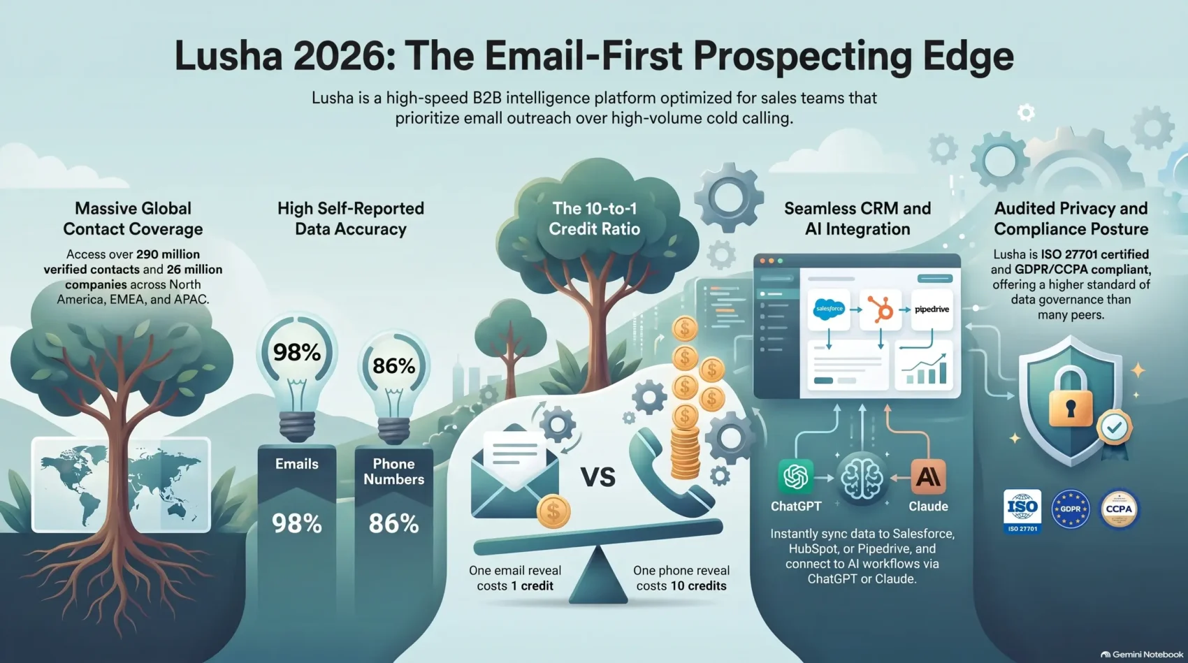 Lusha 2026 review infographic by SmartKeys covering B2B contact data coverage, email and phone accuracy rates, credit ratios, CRM and AI integrations, and privacy compliance certifications.