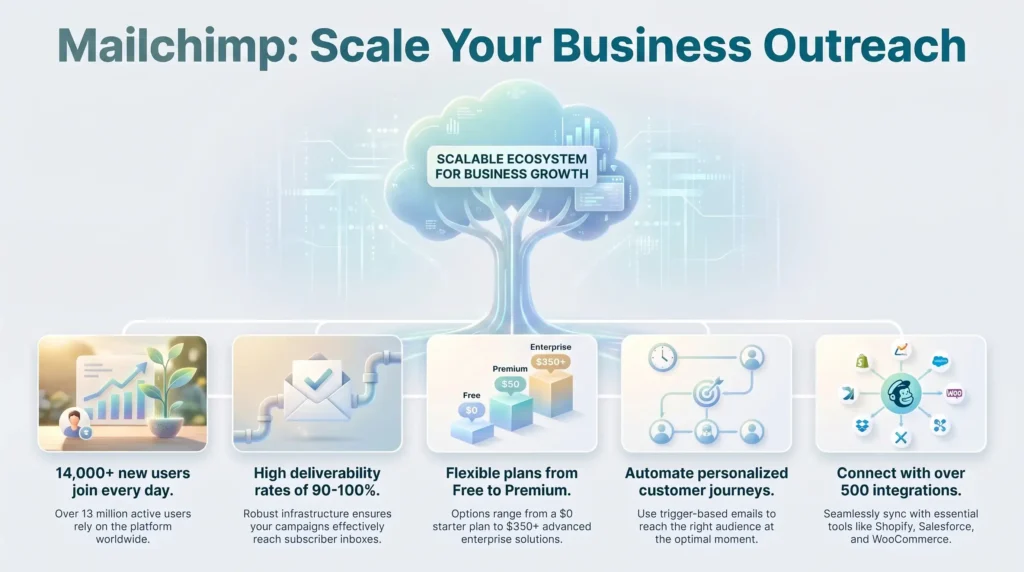Infographic overview of Mailchimp email marketing platform features, deliverability rates, tier pricing from Free to Enterprise, customer journey automation, and software integrations.