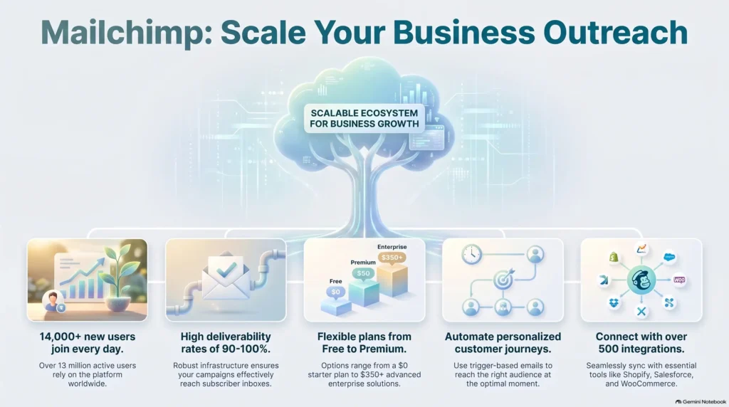 Infographic overview of Mailchimp email marketing platform features, deliverability rates, tier pricing from Free to Enterprise, customer journey automation, and software integrations.