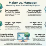 Maker vs Manager Schedule 2026: Optimize Your Day by Task Type Infographic titled 'Maker vs. Manager: Mastering Your Productivity Rhythm' comparing maker schedule creation time blocks (90-120 minutes) with manager coordination slots, illustrating hybrid workday design, attention residue costs, and digital guardrails for workplace focus.