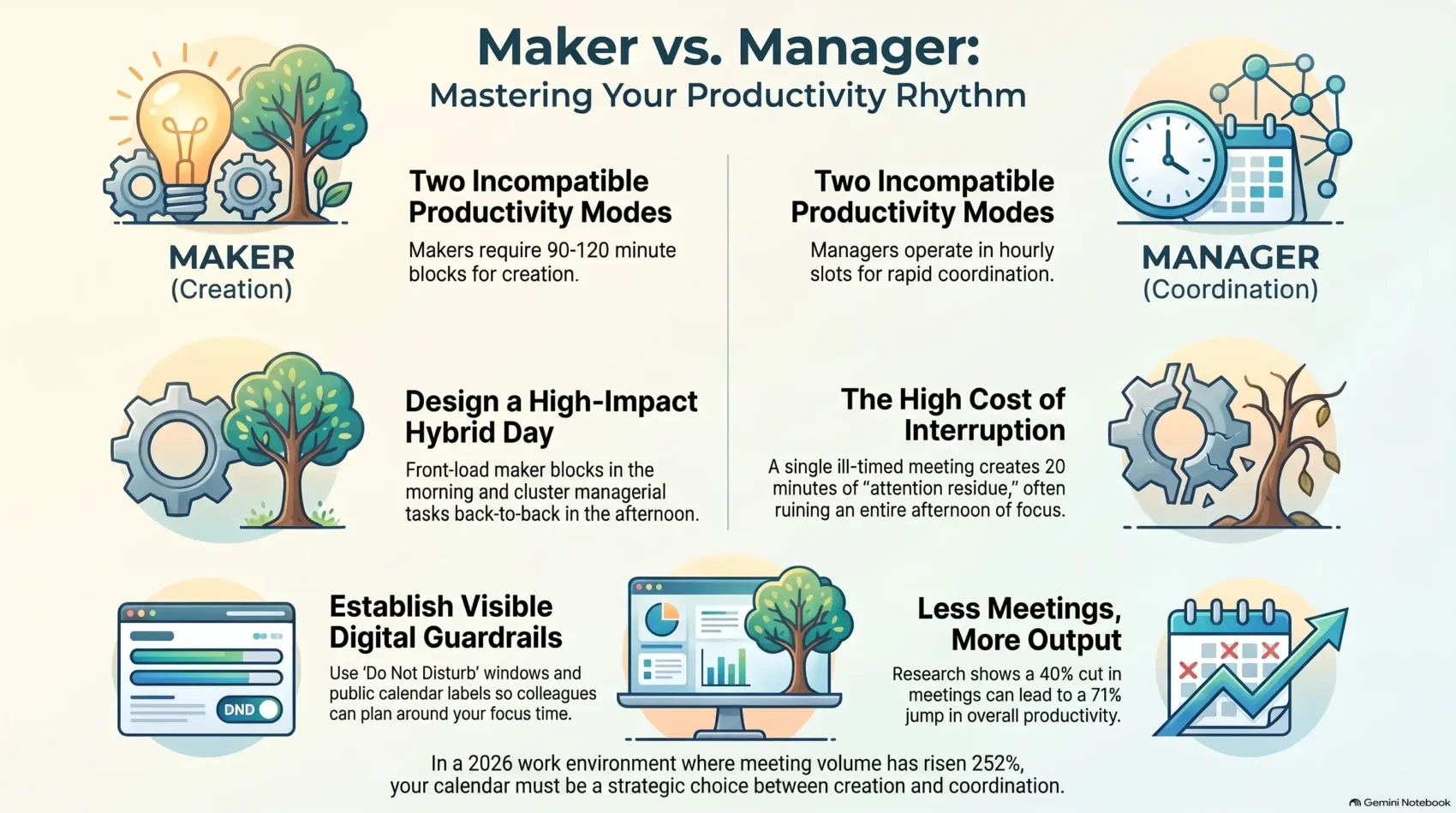 Infographic titled 'Maker vs. Manager: Mastering Your Productivity Rhythm' comparing maker schedule creation time blocks (90-120 minutes) with manager coordination slots, illustrating hybrid workday design, attention residue costs, and digital guardrails for workplace focus.