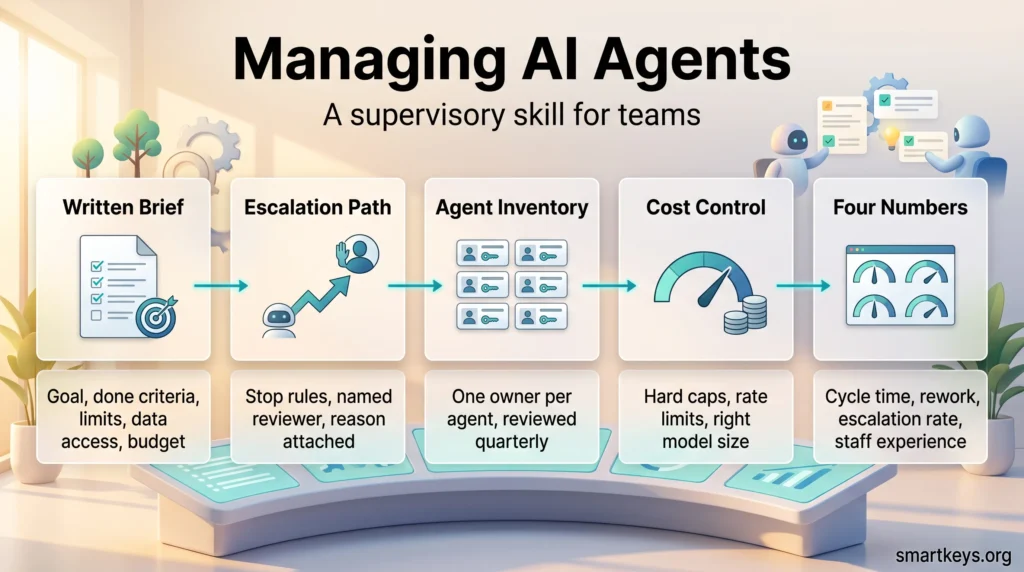 Infographic on managing AI agents with five supervision steps: written brief, escalation path, agent inventory, cost control and four key metrics.