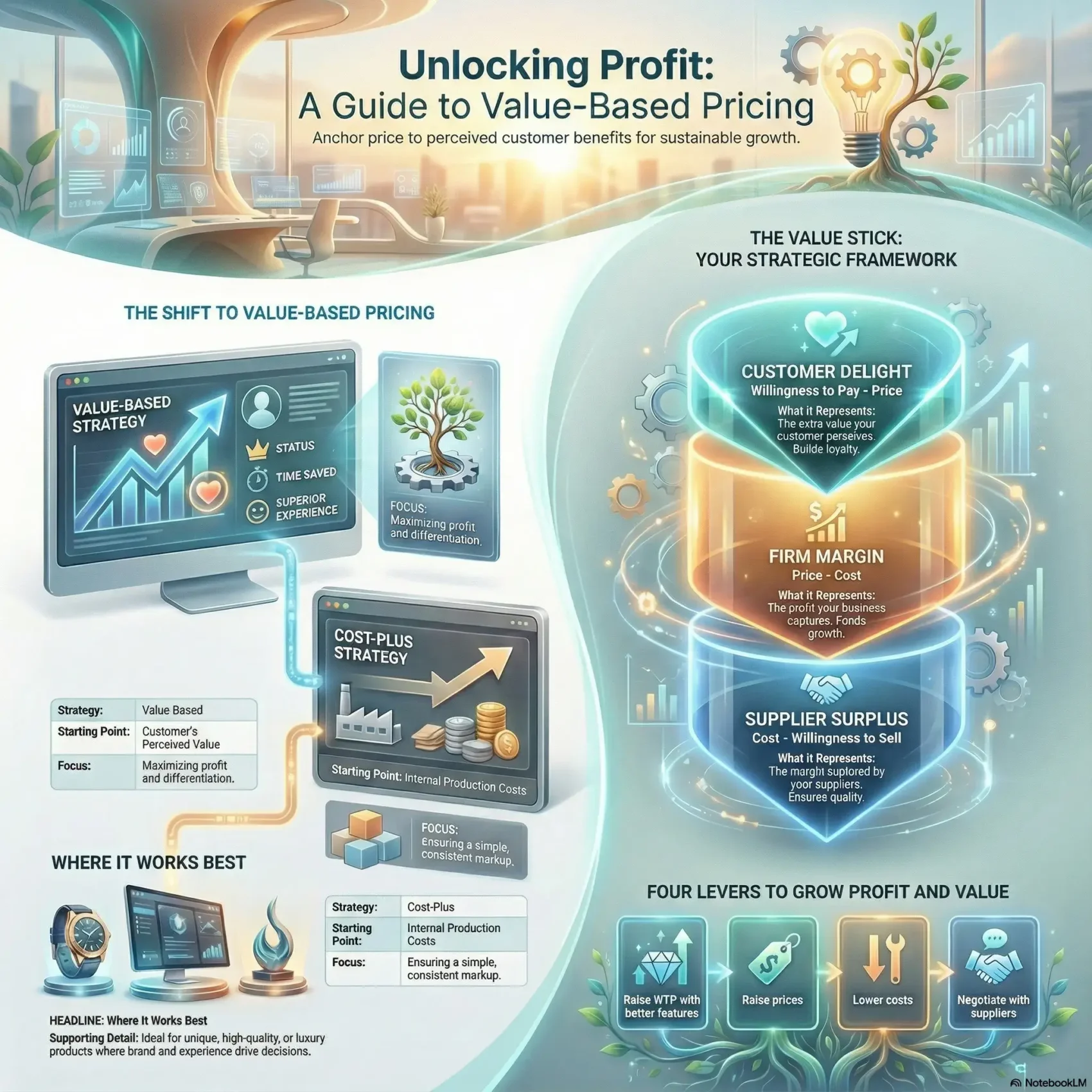 Infographic guide to Value-Based Pricing by SmartKeys, illustrating the "Value Stick" framework, customer delight, firm margins, and strategic levers to grow profit based on perceived value.