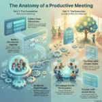 The Anatomy of a Productive Meeting Infographic by SmartKeys, outlining essential steps for success such as building structured agendas, inviting the right people, and finalizing with clear action items.