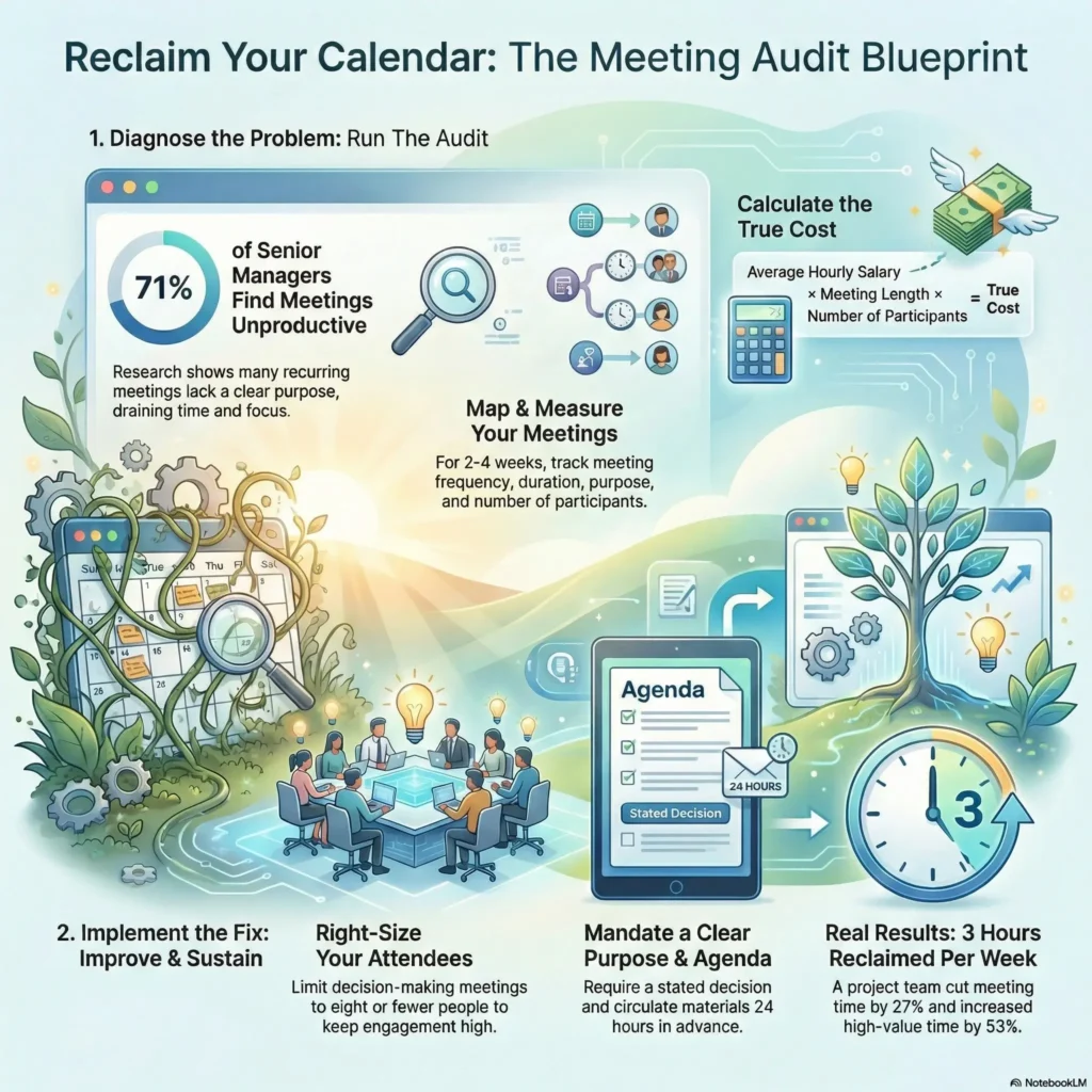 Infographic titled Reclaim Your Calendar: The Meeting Audit Blueprint, showing how to calculate meeting costs, right-size attendees, and mandate agendas to save time.