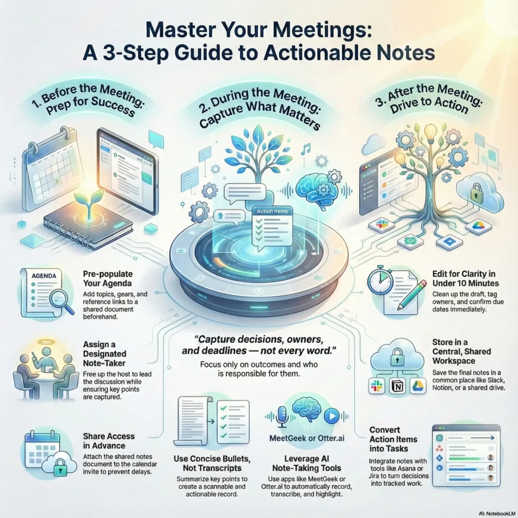 SmartKeys infographic: A 3-step guide to mastering meeting notes, covering agenda preparation, capturing actionable decisions during the meeting, and efficient post-meeting follow-up.