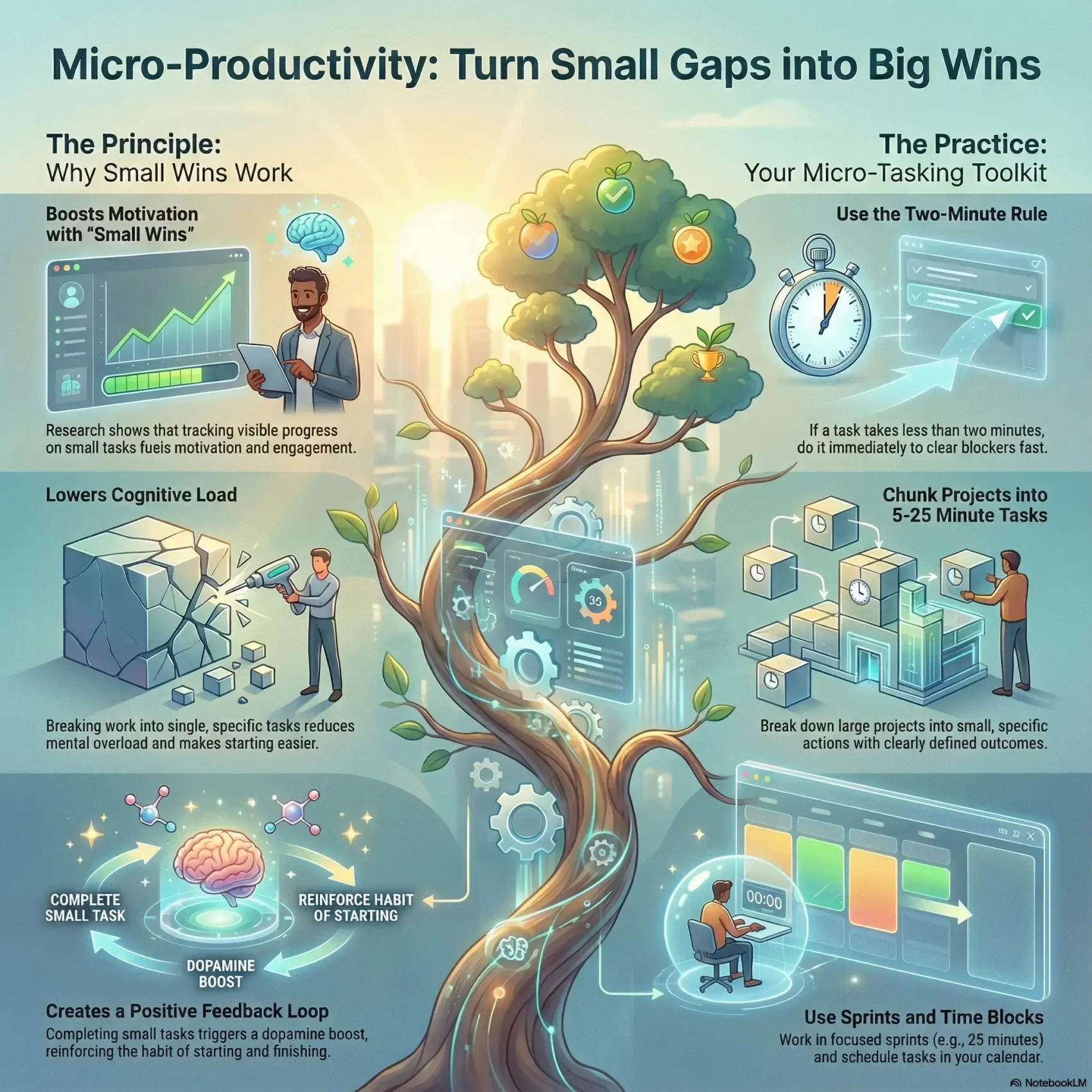 Infographic about Micro-Productivity by SmartKeys, detailing how to turn small time gaps into big wins using the two-minute rule, task chunking, and focused 25-minute sprints.