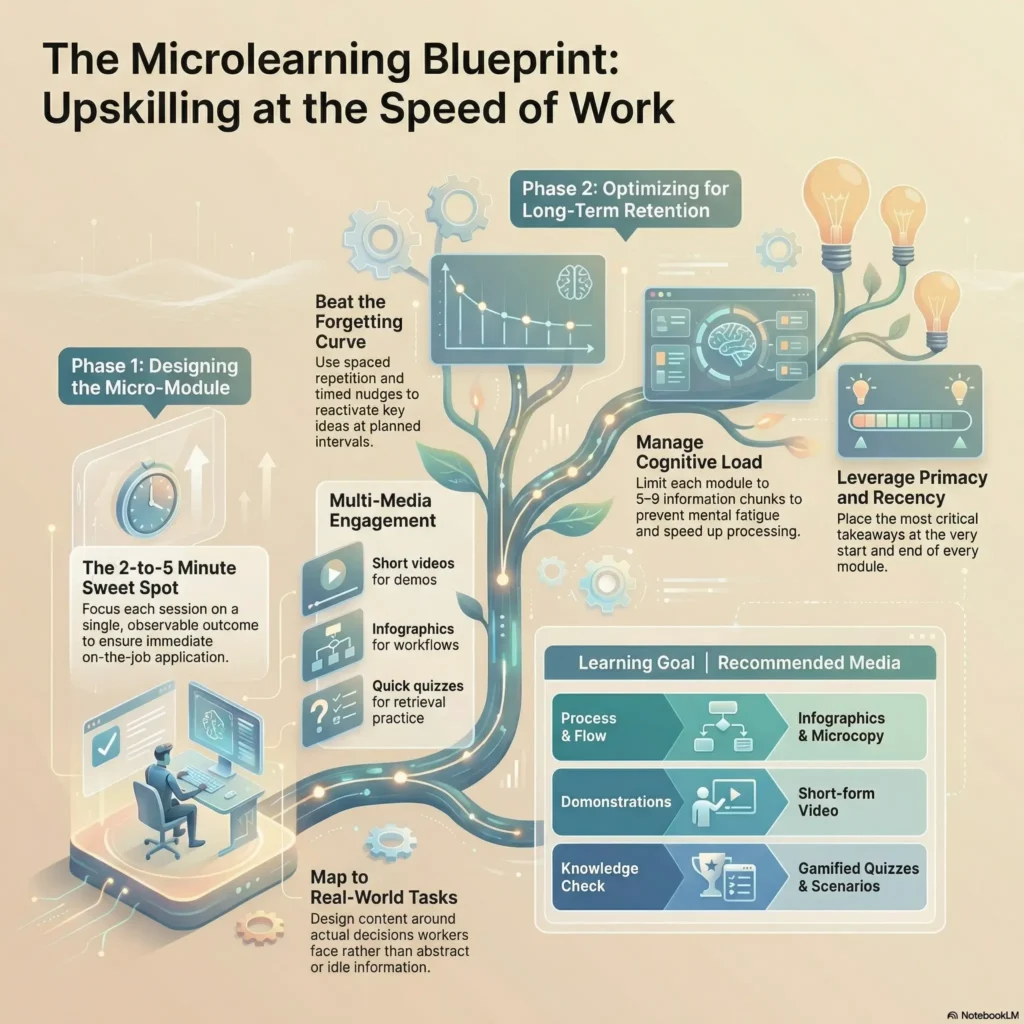 SmartKeys infographic presenting a continuous microlearning strategy for workforce upskilling, featuring phases for designing short 2-to-5 minute modules and optimizing them for long-term knowledge retention.