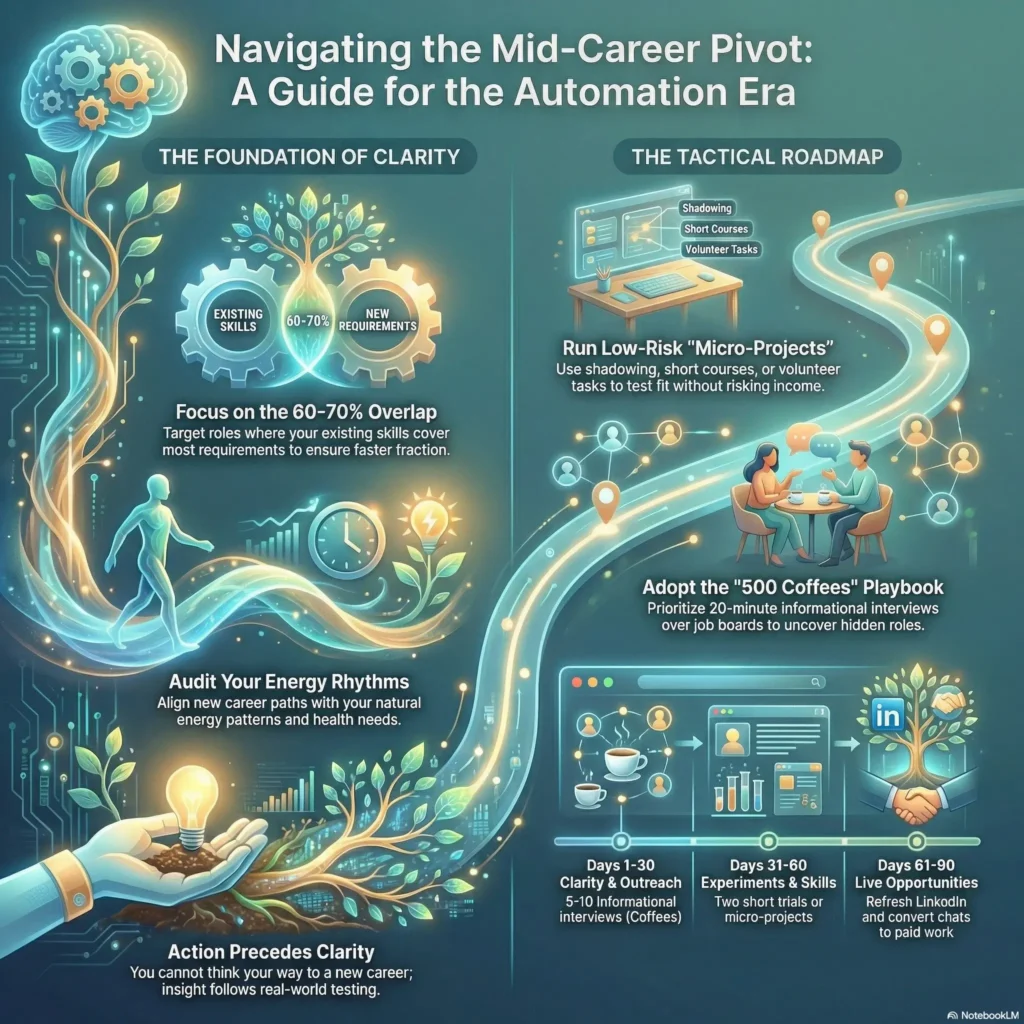 SmartKeys infographic guiding a mid-career pivot in the automation era, featuring a tactical roadmap with low-risk micro-projects, the 500 Coffees playbook, and strategies for leveraging overlapping skills.